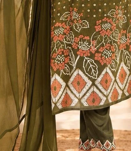 OLIVE GREEN PRINTED KURTA SET WITH DUPATTA - M,XL, Green