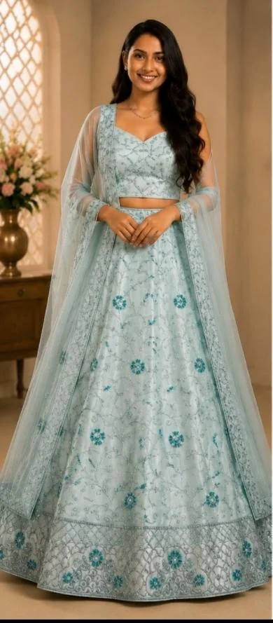DESIGNER FLORAL LEHENGA - Free Size, Aqua Blue