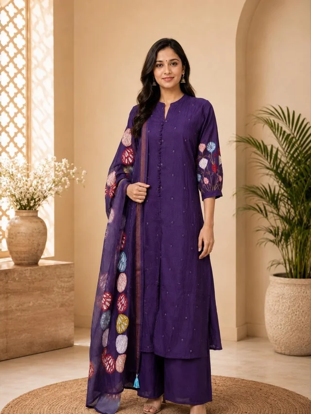 ROYAL PURPLE EMBROIDERED KURTA SET WITH DUPATTA