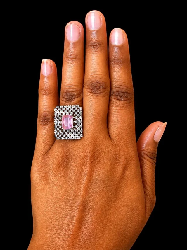 SQUARE AMERICAN DIAMOND FINGER RING - Adjustable, Baby pink