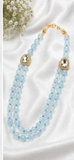 PREMIUM-SEMI PRECIOUS QUARTZ STONE BEADS HARAM - Adjustable, Aqua Blue