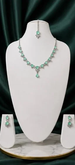 AMERICAN DIAMOND NECKLACE SET - Adjustable, Sea Blue