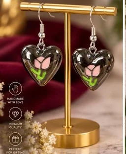 HANDMADE HEART SHAPED DROP EARRINGS - grey