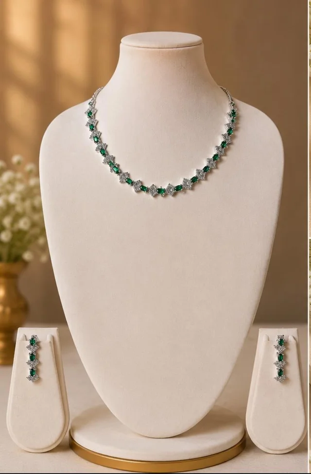 AMERICAN DIAMOND NECKLACE SET - Adjustable, Blue, Lemon Yellow, Green