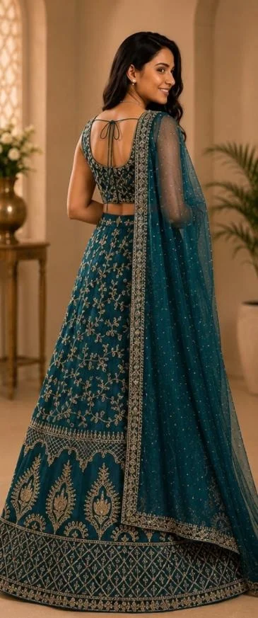 DESIGNER FLORAL WEDDING LEHENGA - Free Size, Peacock Blue-Green Shade