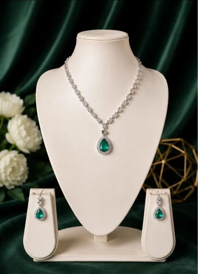 AMERICAN DIAMOND NECKLACE SET - Adjustable, Mint Blue