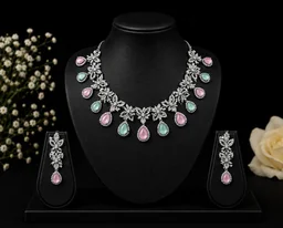 PASTEL BLOOM FLORAL STATEMENT NECKLACE SET - Adjustable, Pastel Pink-Mint Green