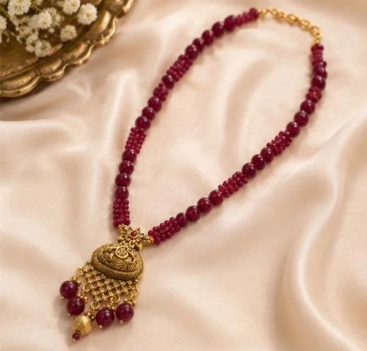PREMIUM-SEMI PRECIOUS QUARTZ STONE BEADS HARAM - Adjustable, Red