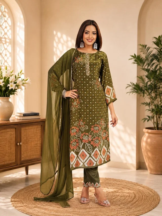 OLIVE GREEN PRINTED KURTA SET WITH DUPATTA