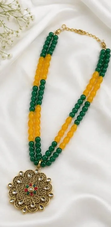 PREMIUM-SEMI PRECIOUS QUARTZ STONE BEADS HARAM - Adjustable, Green-Yellow