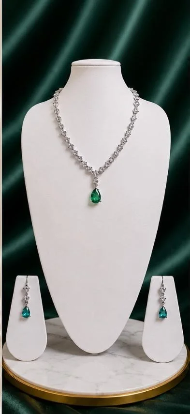 AMERICAN DIAMOND NECKLACE SET - Adjustable, Mint Blue