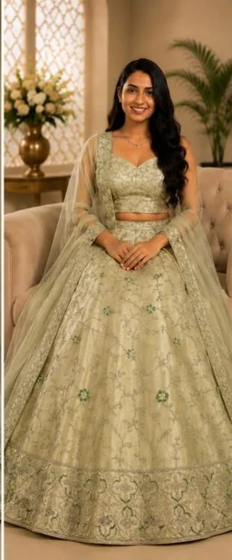 DESIGNER FLORAL LEHENGA - Free Size, Pastel Pistachio Green
