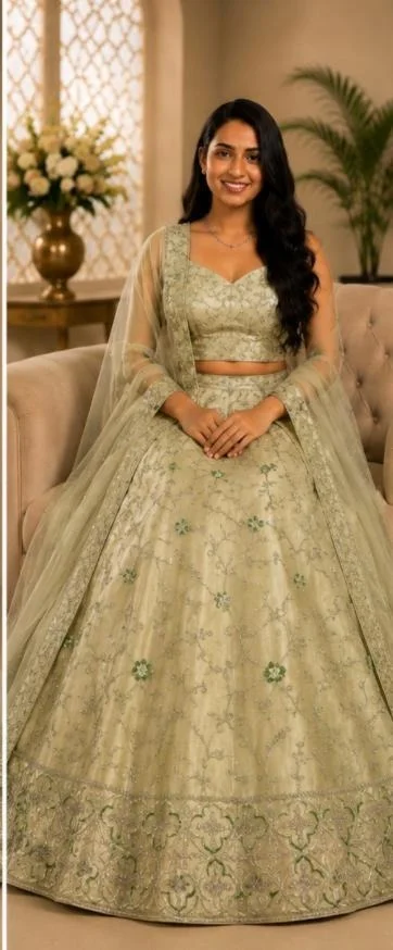DESIGNER FLORAL LEHENGA - Free Size, Pastel Pistachio Green
