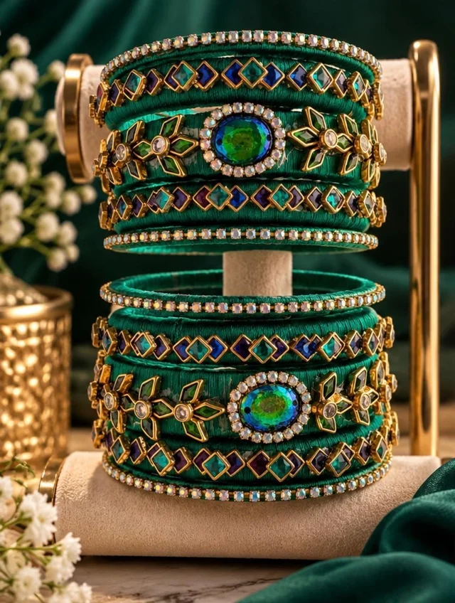 DARK EMERALD GREEN WITH GOLD STONE HANDICRAFTED BANGLES