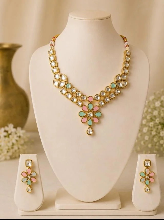 ELEGANT KUNDAN NECKLACE SET - Adjustable, Teal Blue