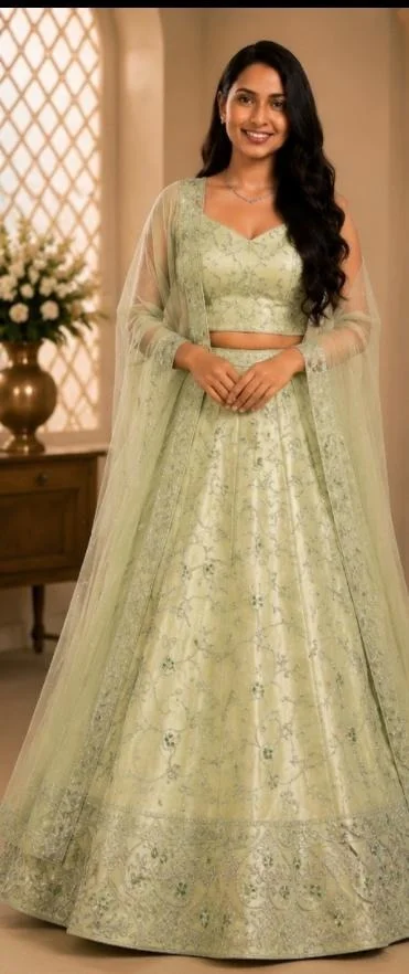 DESIGNER FLORAL LEHENGA - Free Size, Pastel Pistachio Green