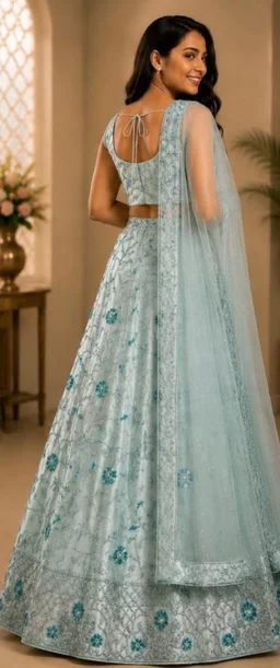 DESIGNER FLORAL LEHENGA - Free Size, Aqua Blue