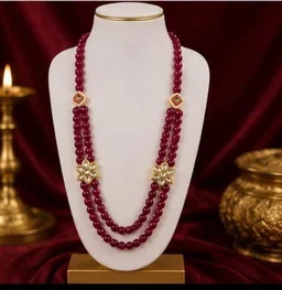 SEMI PRECIOUS QUARTZ STONE LONG HARAM WITH KUNDAN CONNECTORS - Adjustable, Red