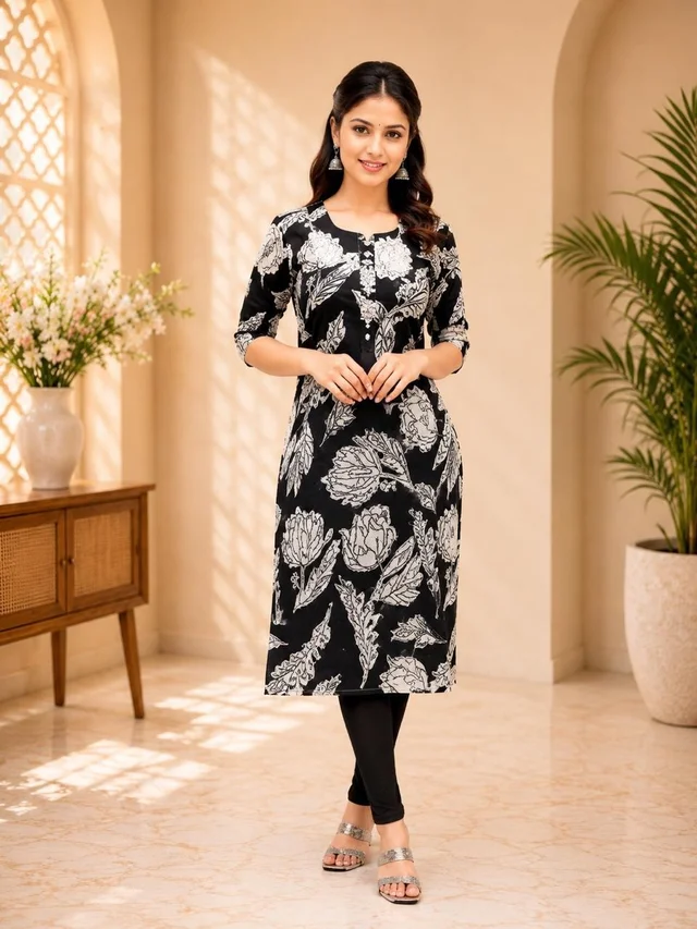 BLACK AND WHITE FLORAL PRINTED KURTI