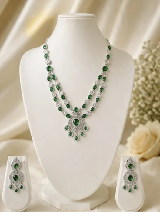 EMERALD ELEGANCE DUAL LAYER AMERICAN DIAMOND NECKLACE SET - Adjustable, Emerald-Green