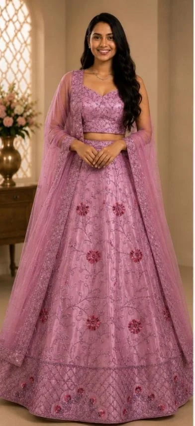 DESIGNER FLORAL LEHENGA - Free Size, Blush pink