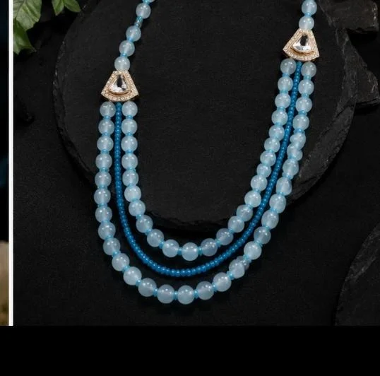 PREMIUM-SEMI PRECIOUS QUARTZ STONE BEADS HARAM - Adjustable, Aqua Blue