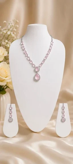 AMERICAN DIAMOND NECKLACE SET - Adjustable, Baby Pink