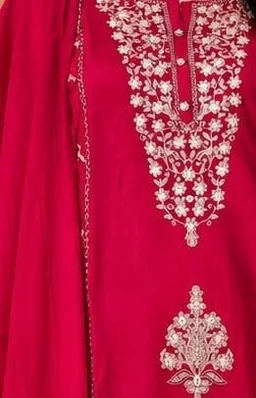 FUCHSIA PINK EMBROIDERED KURTA SET WITH DUPATTA - S,M,L,XL,XXL, Red