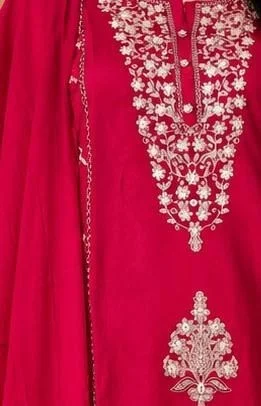 FUCHSIA PINK EMBROIDERED KURTA SET WITH DUPATTA - S,M,L,XL,XXL, Red