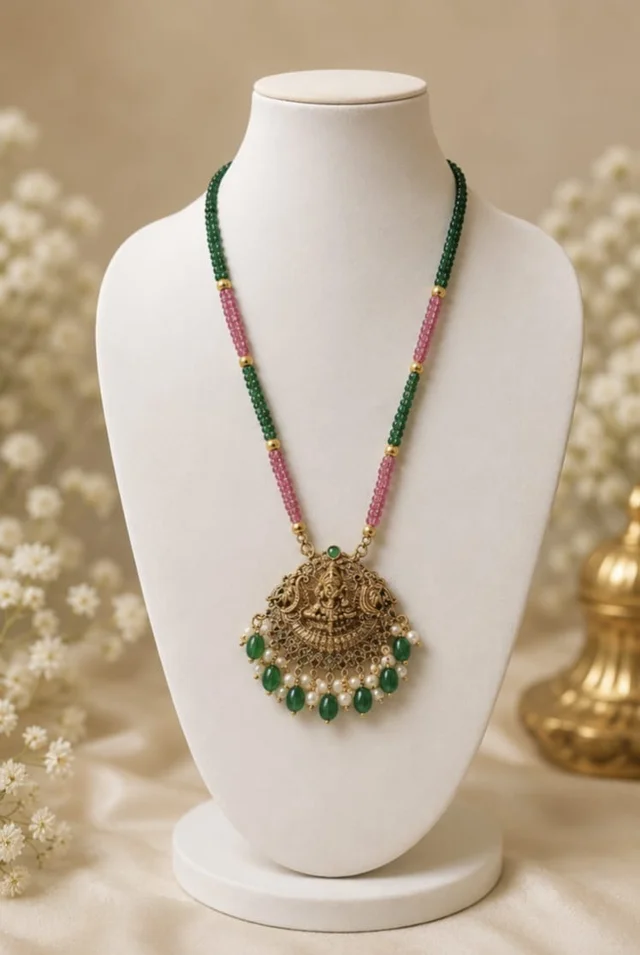 TEMPLE PENDANT BEADED NECKLACE - Free Size, Green-Pink