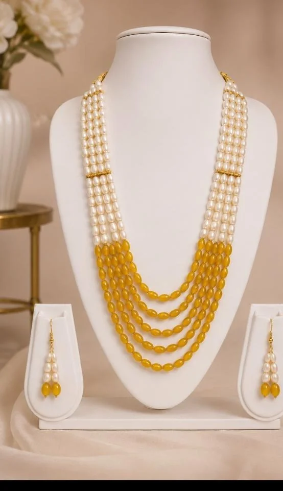 MULTI-LAYER PEARL BEAD HARAM SET - Adjustable, Yellow-White