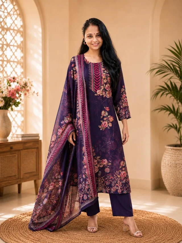 ELEGANT PURPLE FLORAL PRINTED KURTA SET WITH DUPATTA
