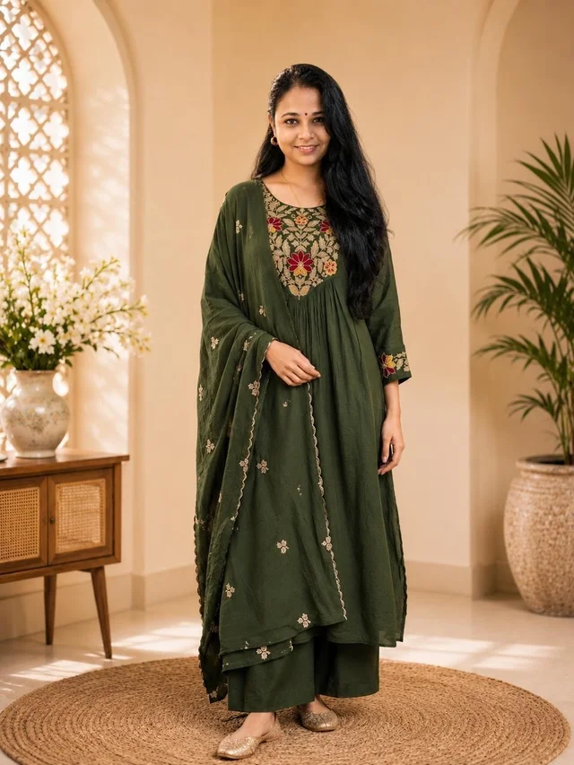 OLIVA GREEN EMBROIDERED KURTA SET