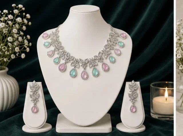 PASTEL BLOOM FLORAL STATEMENT NECKLACE SET - Adjustable, Pastel Pink-Mint Green