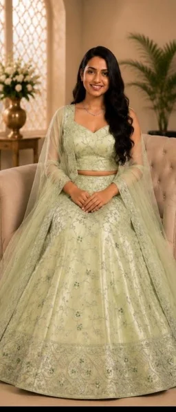 DESIGNER FLORAL LEHENGA - Free Size, Pastel Pistachio Green