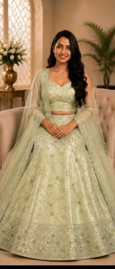 DESIGNER FLORAL LEHENGA - Free Size, Pastel Pistachio Green