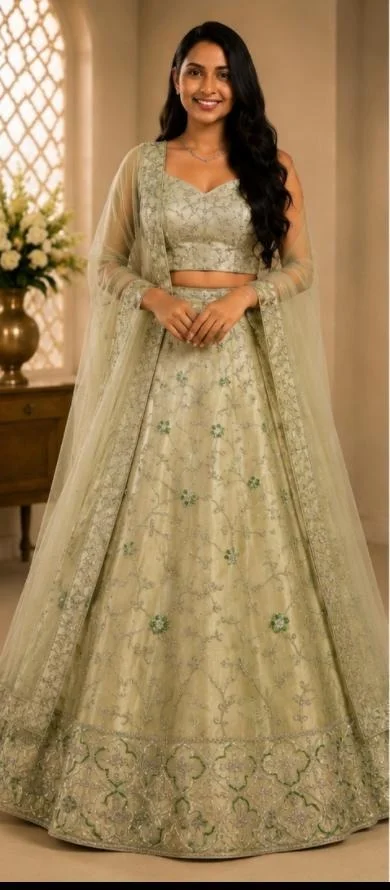 DESIGNER FLORAL LEHENGA - Free Size, Pastel Pistachio Green