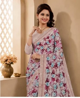 ELEGANT FLORAL DESIGNER SAREE - Peach Apricot, Baby Pink