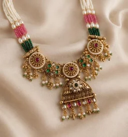 ELEGANT FLORAL RAJWADI NECKLACE SET - Adjustable, White-Green