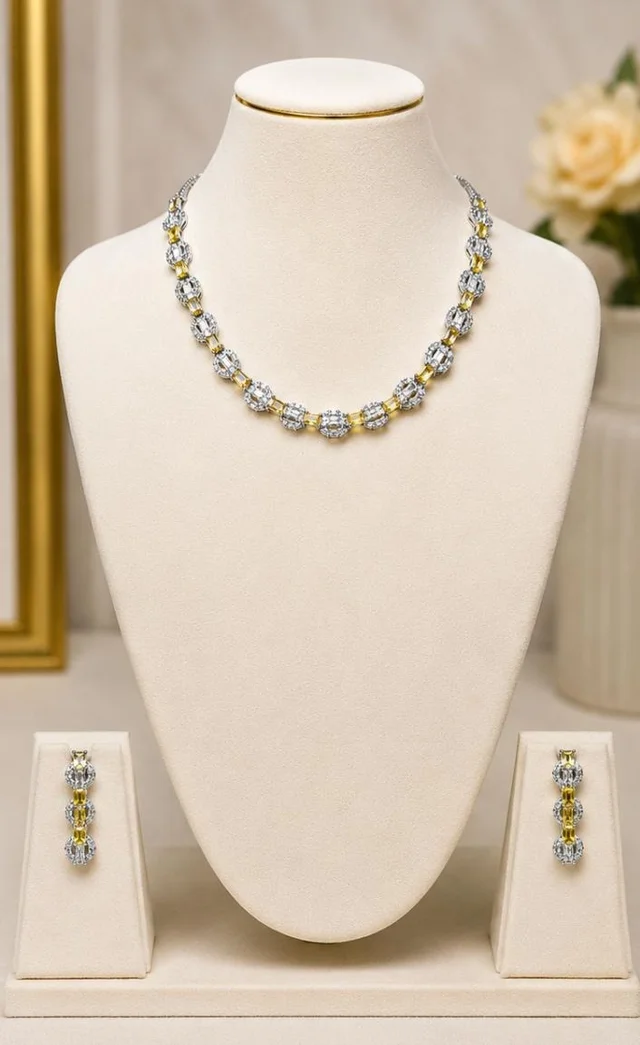 AMERICAN DIAMOND NECKLACE SET - Adjustable, Blue, Lemon Yellow, Green