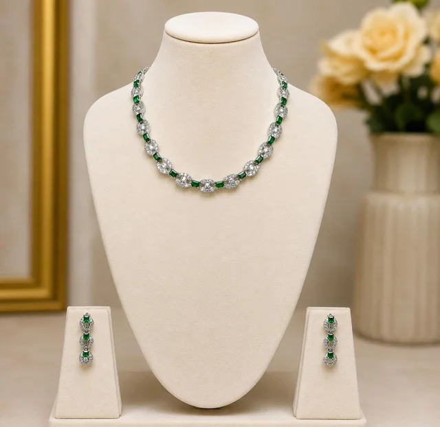 AMERICAN DIAMOND NECKLACE SET - Adjustable, Blue, Lemon Yellow, Green