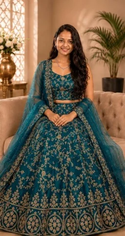 DESIGNER FLORAL WEDDING LEHENGA - Free Size, Peacock Blue-Green Shade