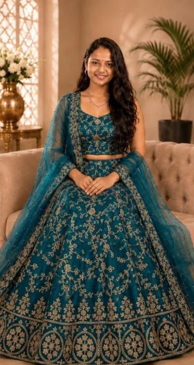 DESIGNER FLORAL WEDDING LEHENGA - Free Size, Peacock Blue-Green Shade