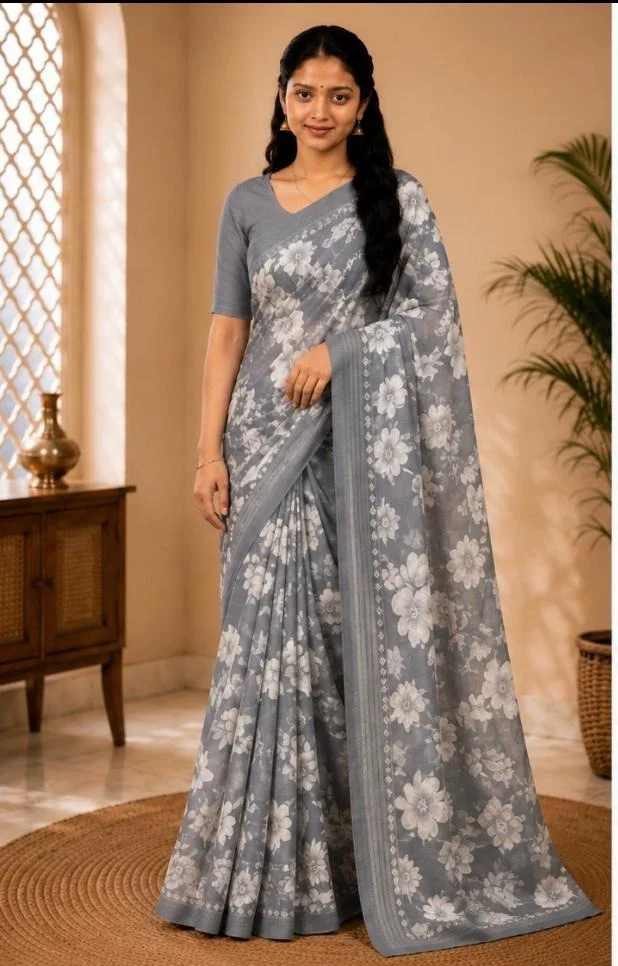 SOFT FLORAL SAREE - Grey