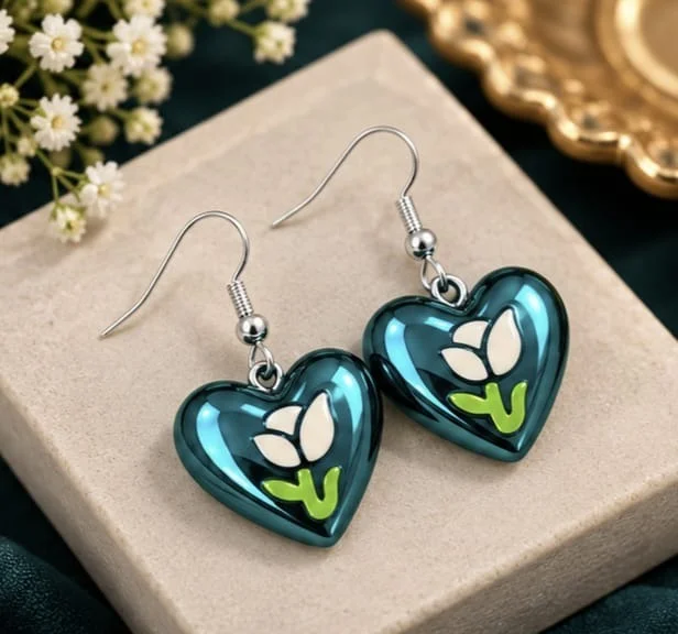 HANDMADE HEART SHAPED DROP EARRINGS - Teal Blue