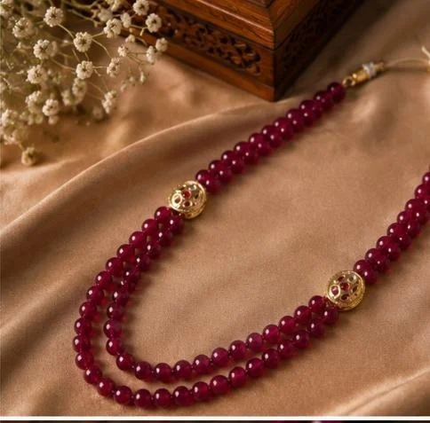 PREMIUM-SEMI PRECIOUS QUARTZ STONE BEADS HARAM - Adjustable, Ruby-Red