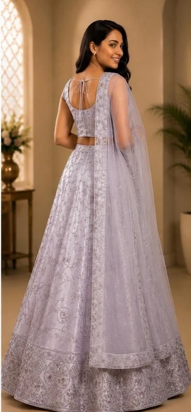 DESIGNER FLORAL LEHENGA - Free Size, Silver Grey