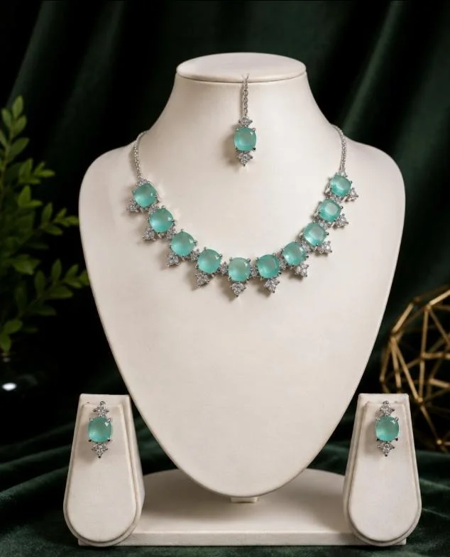 AMERICAN DIAMOND NECKLACE SET - Adjustable, Sea Blue