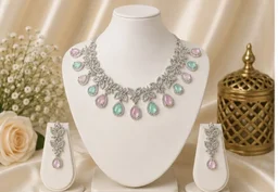 PASTEL BLOOM FLORAL STATEMENT NECKLACE SET - Adjustable, Pastel Pink-Mint Green
