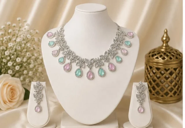 PASTEL BLOOM FLORAL STATEMENT NECKLACE SET - Adjustable, Pastel Pink-Mint Green